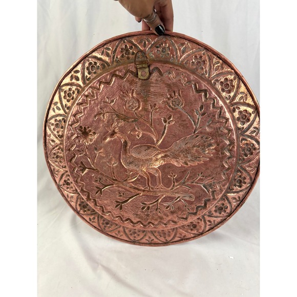 Vintage Hammered Copper Wall Plate Bird Floral Repoussé Hanging Decor 16" - Picture 2 of 11